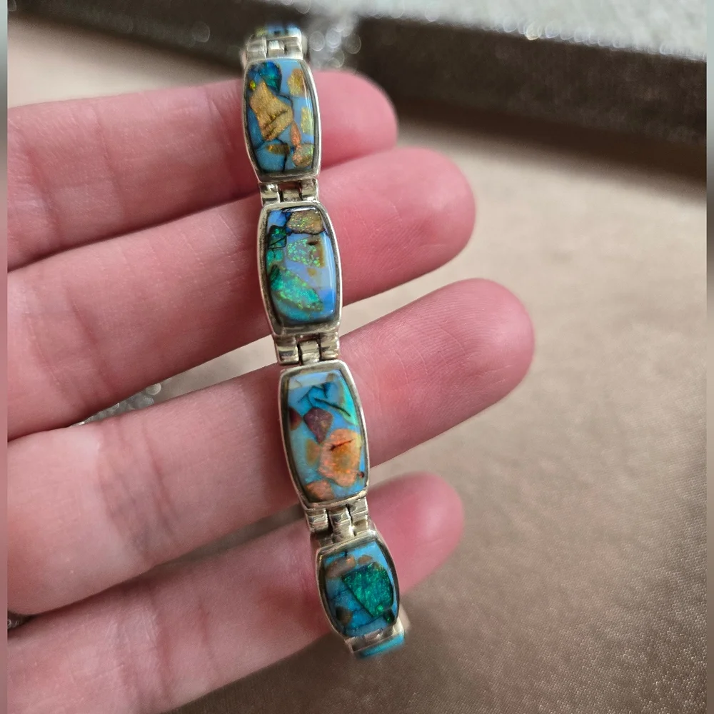 Vintage Navajo Calvin Begay Sterling Opal Bracelet - Picture 6 of 12